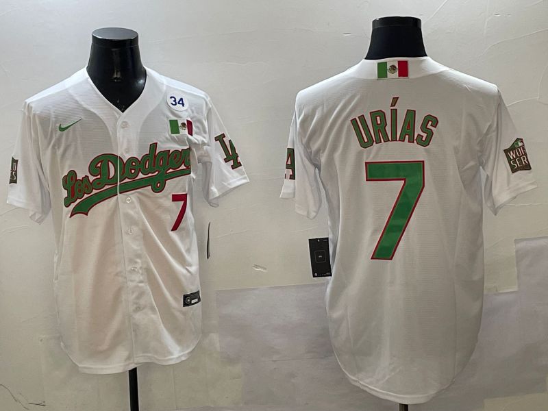 Men Los Angeles Dodgers #7 Urias White Green Game 2025 Nike MLB Jersey style 3204